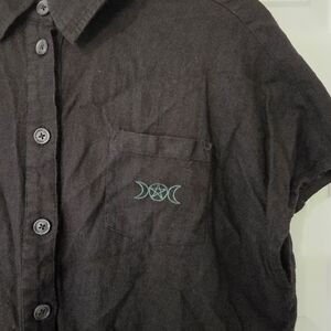 Disturbia Black Button Down Shirt with Green Embroidery